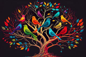 A tree with vibrant and colorful birds, symbolizing the happiness we share. Joy and excitement wrapped in a playful and whimsical atmosphere. Generative AI