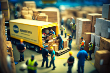 Fototapeta premium A flurry of activity as workers rush to load boxes onto trucks for shipping