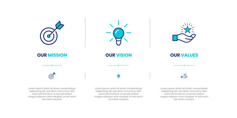 Fototapeta na wymiar Mission, Vision and Values of company with text. Company infographic Banner template. Modern flat icon design.
