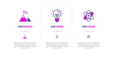 Mission, Vision and Values of company with text. Company infographic Banner template. Modern flat icon design.