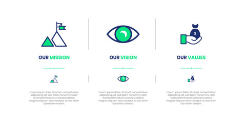 Mission, Vision and Values of company with text. Company infographic Banner template. Modern flat icon design.