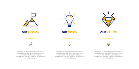 Mission, Vision and Values of company with text. Company infographic Banner template. Modern flat icon design. © MDSalim