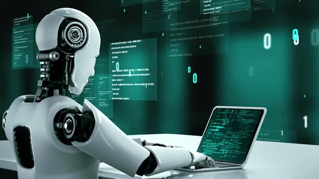 Futuristic robot artificial intelligence huminoid AI programming coding technology development and machine learning concept. Robotic bionic science research for future of human life. 3D rendering.