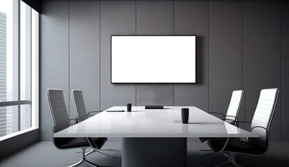 Meeting conference room with blank empty tv screen monitor. Made with Generative Ai	
