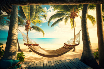 A striped hammock swaying gently between two palm trees, overlooking a serene shoreline
