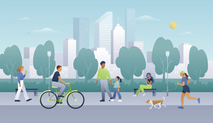 City life flat vector illustration. People walking, running, cycling and spending time in a public park on an urban cityscape background. Weekend outdoor recreation.