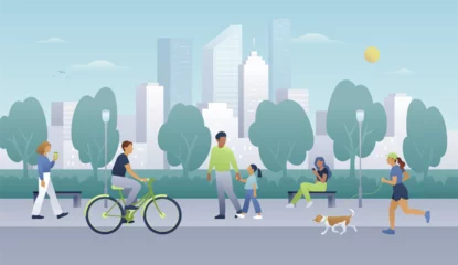 Foto op Plexiglas City life flat vector illustration. People walking, running, cycling and spending time in a public park on an urban cityscape background. Weekend outdoor recreation. © Anastasiia Neibauer