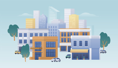 Downtown isolated flat vector illustration. Cityscape, real estate, buildings, skyscrapers. City life background.