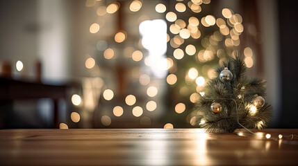 Christmas Tree with Decorations, On Wooden Table In in living room With Defocused Bokeh Lights And Flare Effect 