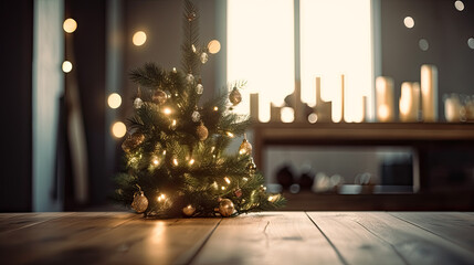 Christmas Tree with Decorations, On Wooden Table In in living room With Defocused Bokeh Lights And Flare Effect 