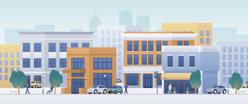 Cityscape flat vector illustration. Real estate in downtown, buildings and people. City life background for horizontal banner.