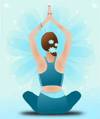 Yoga greeting of a girl sitting in typical yoga posture with a turquoise blue background