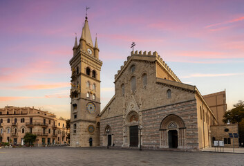 Historic Church in a touristic city Messina, Sicilia, Italy. Cloudy Sunrise Sky Art Render.