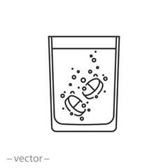 glass with water and soluble pills, medical tablets, vitamins drink, thin line symbol on white background - editable stroke vector illustration eps10