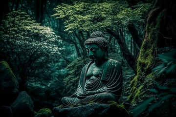Fototapeta na wymiar A buddha statue sitting in the middle of a forest. Generative AI