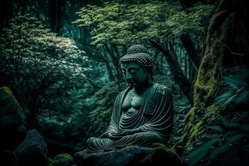 Zelfklevend Fotobehang A buddha statue sitting in the middle of a forest. Generative AI © Oleksandr