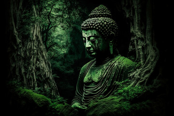 A buddha statue sitting in the middle of a forest. Generative AI - obrazy, fototapety, plakaty