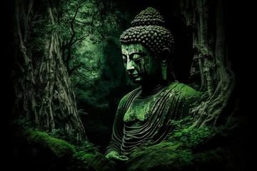 Zelfklevend Fotobehang A buddha statue sitting in the middle of a forest. Generative AI © Oleksandr