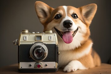 Happy dog with retro photo camera, studio portrait. Generative ai illustration. - 582231536
