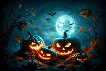 Fototapeta premium Jack O’ Lanterns Glowing At Moonlight In The Spooky Night, Generative AI