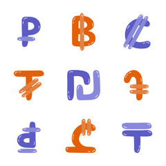 Set of international currency symbols. Cute hand drawn vector illustration with money signs. Coins of different countries: dollar sigh, euro, yuan, pesos. Colorful vector clipart set in naive style