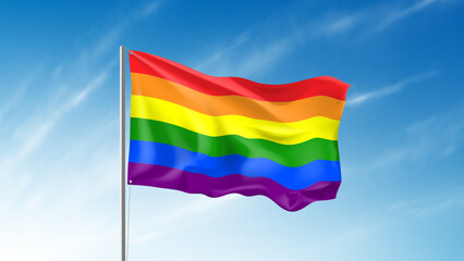 Waving rainbow flag template. Rainbow flag waving in wind at cloudy sky. Template of web page, banner or poster for decoration of Pride Month events. Tolerance and freedom concept.Vector illustration.