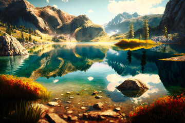 A crystal-clear alpine lake nestled among rugged mountain peaks, bathed in golden sunlight
