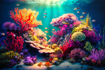 A thriving underwater coral reef teeming with colorful marine life, illuminated by sunbeams