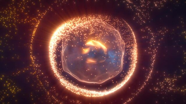 Abstract orange looped energy sphere from particles and waves of magical glowing on a dark background, video 4k, 60 fps
