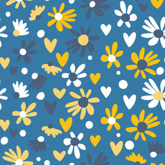 Seamless floral pattern based on traditional folk art ornaments. Colorful flowers on color background. Scandinavian style. Sweden nordic style. Vector illustration. Simple minimalistic pattern