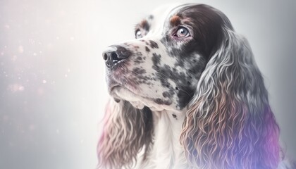 Cocker Spaniel Dog Medium Shot White Pink Blue Magical Fantasy Bokeh. Generative AI