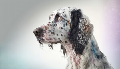 English Setter Dog Medium Shot White Pink Blue Magical Fantasy Bokeh. Generative AI