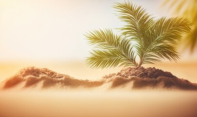 Plakat a small palm tree in the sand on a sunny day. generative ai
