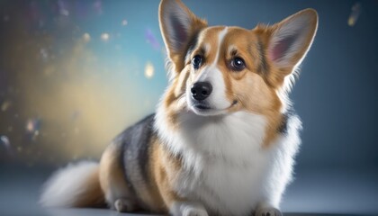 Welsh Corgi Dog Medium Shot White Pink Blue Magical Fantasy Bokeh. Generative AI