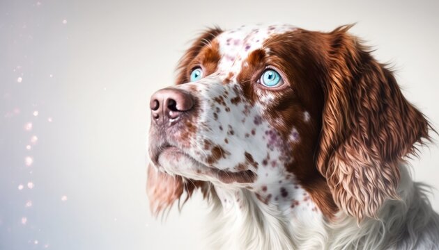 Brittany Dog Medium Shot White Pink Blue Magical Fantasy Bokeh. Generative AI