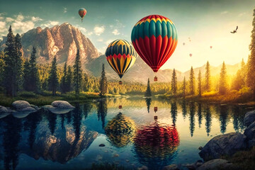 Fototapeta premium Colorful hot air balloons dotting the sky, floating gracefully above a sunlit summer landscape