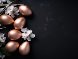 Golden Easter Eggs and Elegant White Roses on a Black Table