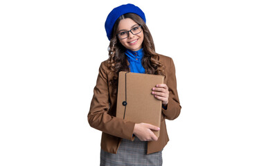 smiling teen school girl on background. photo of teen school girl with folder.
