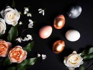 Golden Easter Eggs and Elegant White Roses on a Black Table