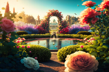 A fragrant rose garden in full bloom, boasting a kaleidoscope of colors under the summer sun - obrazy, fototapety, plakaty