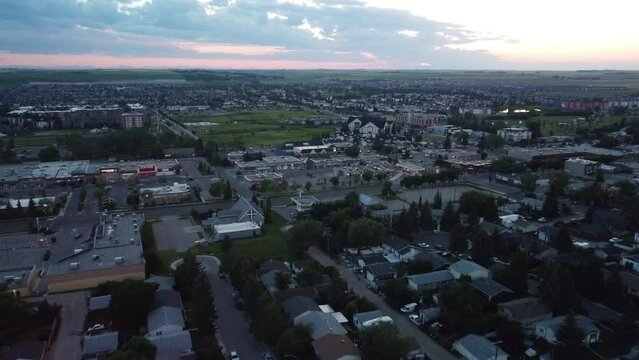 Aerial sunset view of small Albertan town in the summer. 