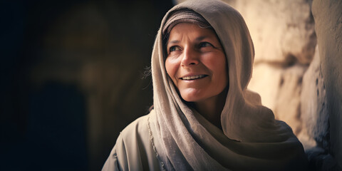 Abstract art. Colorful painting art portrait of Mary coming out of the empty tomb of Jesus. Jesus lives. Her face is filled with overwhelming joy. Generative AI.