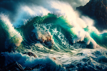 Powerful ocean waves crashing onto a rocky shoreline, creating a mesmerizing display of nature's power