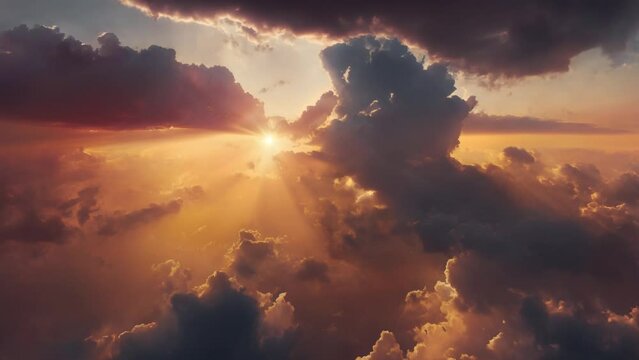 An aerial shot above beautiful sunset clouds with sun shining on horizon, detailed picturesque view, camera moving into amazing cloudscape with beautiful light rays, realistic CG animation.