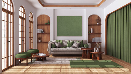 Modern wooden living room with parquet and arched windows. Fabric sofa, carpets and armchairs in white and green tones. Boho style interior design