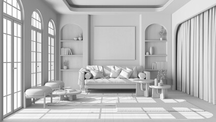 Total white project draft, modern wooden living room with parquet and arched windows. Fabric sofa, carpets and armchairs. Boho style interior design