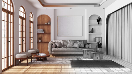 Architect interior designer concept: hand-drawn draft unfinished project that becomes real, modern wooden living room with parquet and arched windows. Boho style