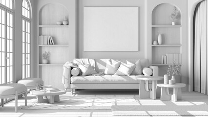 Total white project draft, contemporary wooden living room with parquet and arched windows. Fabric sofa, carpets and armchairs. Japandi interior design