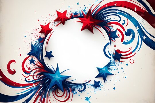 Red white and blue Memorial Day decoration concept including stars and swirls that form a frame. 4th of July celebration background blank template concept. 4th of July sales. 