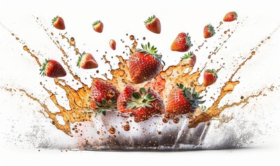  a splash of orange juice with strawberries falling into it.  generative ai